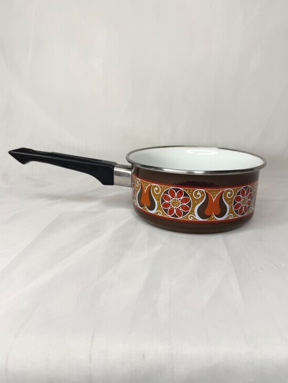 1970s Vintage Fancipans Brown Floral Enamel Saucepan